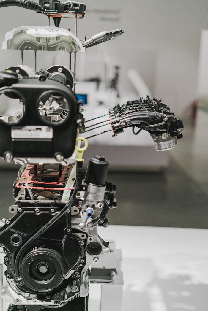 Detailed close-up of an industrial engine assembly in a modern setting, showcasing machinery complexity and precision.