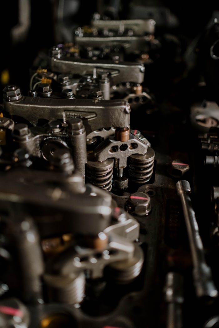 Detailed view of engine components, showcasing metallic parts and intricate design.